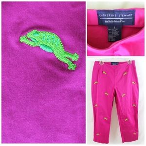Hot Pink Frog Embroidered Capri Pants Sz 8 Critter